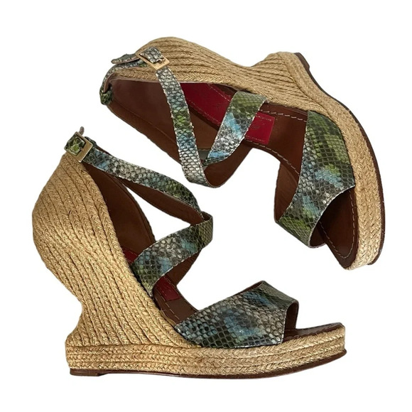 Paloma Barcelo Snakeskin‎ 4” Funky Shape Espadrille Wedge Strap Sandals size 10 - Picture 1 of 16